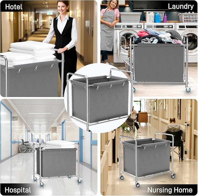 Commercial Laundry Cart with Wheels, 440 lbs Heavy Duty Industrial Laundry Cart with Sturdy Frame and Oxford Bag for Home Hotel Hospital, Rolling Laundry Cart for Home & Hotel, 400L(Grey)