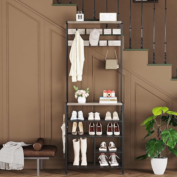 GiftGo Vintage Large 5-Tier Hall Tree with Console Table Entryway Coat Rack Floor Standing Shoes Rack Storage Shelf Organizer for Home Office Bedroom (Greige)