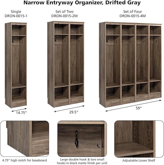Prepac Narrow Coat Rack Freestanding Hall Tree with 3 Hooks, Entryway Furniture for Coat and Shoe Storage, Entryway Organization with an Adjustable Shelf, 14.75"W x 72.5"H x 15.5"D, Drifted Gray