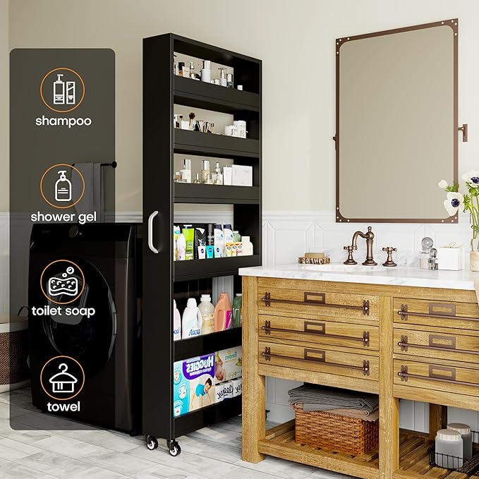 Slim Storage Cart, Lightweight 6 Tier Metal Rolling Utility Kitchen Cart on Wheels, Mobile Storage Shelving Unit Organizer for Bathroom Laundry Office Narrow Places (Black, 6" D)