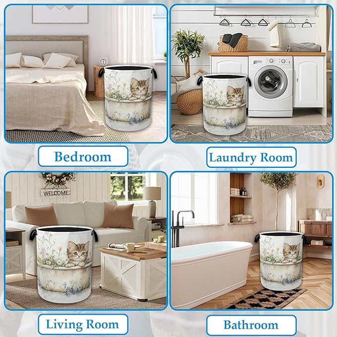 Cute Cat Laundry Hamper Bathtub Flowers Laundry Basket Collapsible Portable Clothes Toy Storage Bin for Bathroom Bedroom Room Decor 16 X 20.8 Inch
