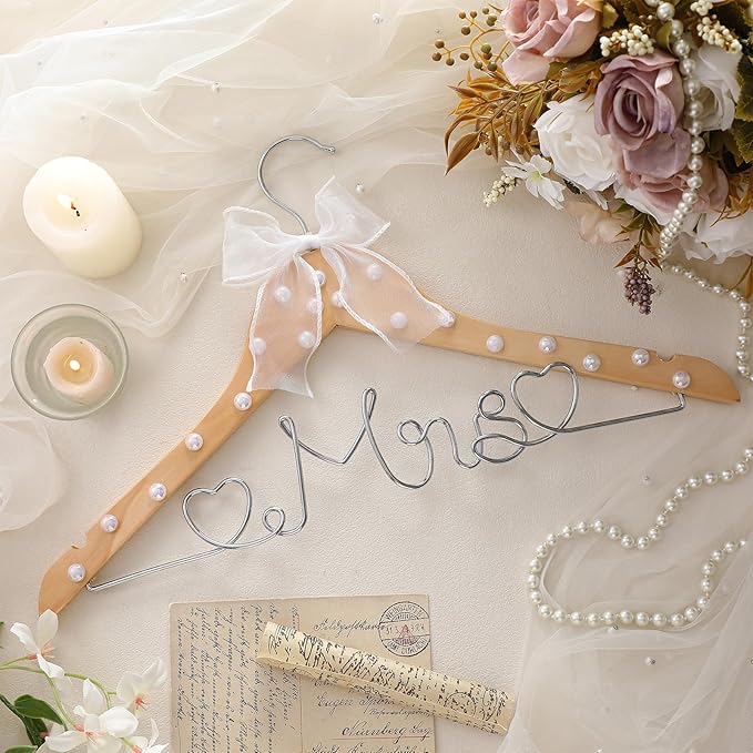 Honeydak Mrs. Wedding Dress Hanger for Bride to Be,Elegant Bridal Hanger for Brides Gowns, Bridal Party Shower Gift,Wedding Gift(Natural,Pearl)