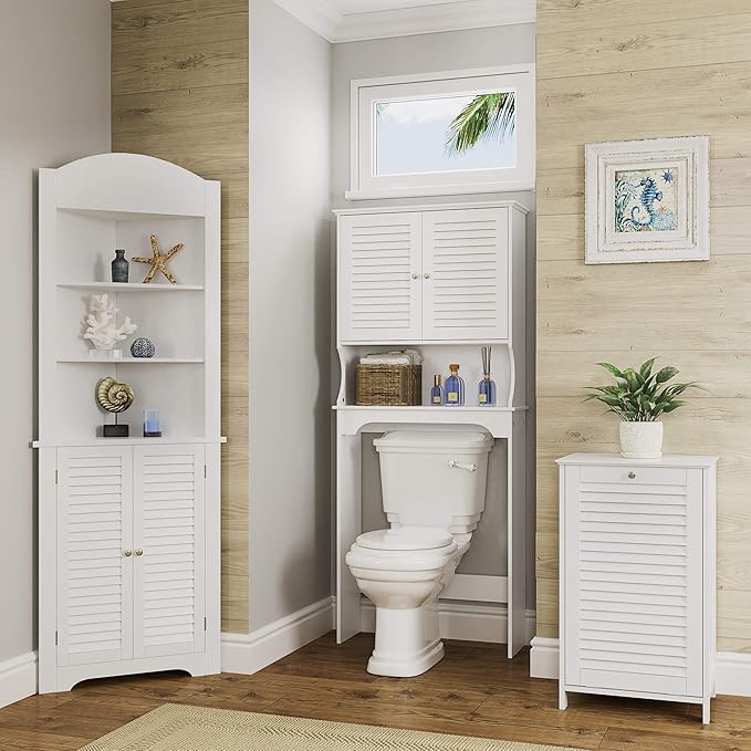 RiverRidge Ellsworth Laundry Cabinet with Tilt-Out Door, Removable Cloth Bag, Shutter Design & Polished Silver Knob Laundry Room Storage Cabinet.