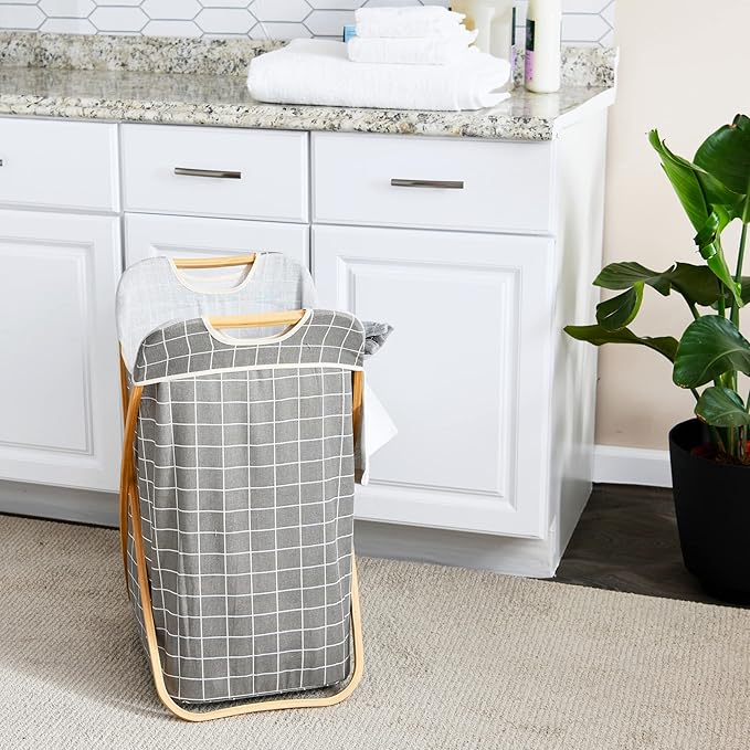Household Essentials Bamboo X Frame Hamper with Grid Pattern, Gray