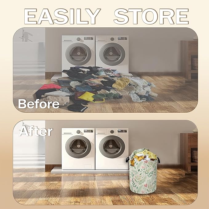 Spring Green Leaves Laundry Hamper,Rustic Wildflower Herb Clothes Hamper for Laundry,Waterproof Oxford Toy Storage Collapsible Hampers for Bedroom, Dorm Room,Bathroom,16x20 Inch