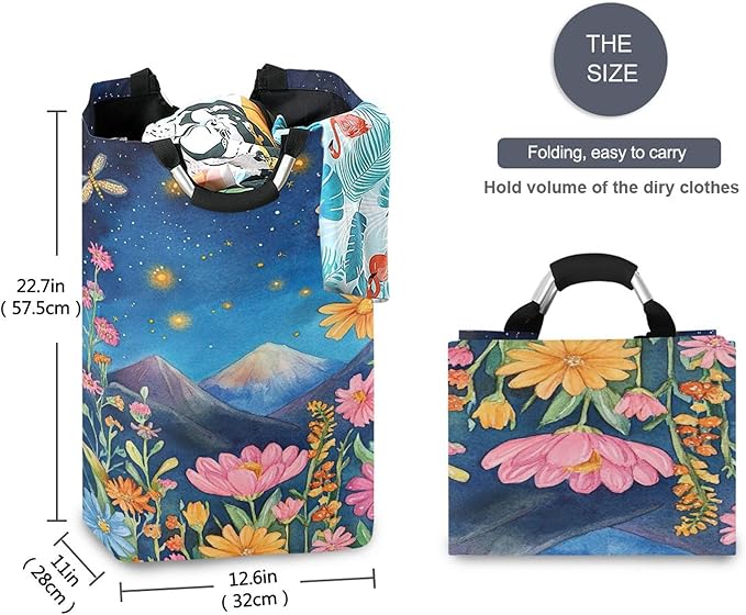xigua Wildflowers with Mountains Large Laundry Hamper with Handle, Foldable Clothes Hamper Collapsible Storage Basket for Toys and Clothes Organization in Bedroom, Bathroom, and Laundry Room