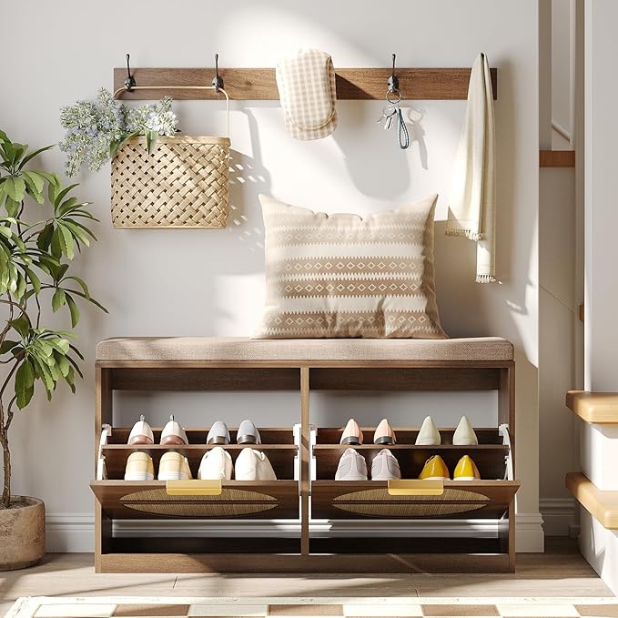 Maupvit Rattan Entryway Bench with Seat Cushion & Coat Rack, Shoe Storage Cabinet with 2 Flip Drawers, Narrow Shoe Rack, 5 Sturdy Metal Hooks, Rustic Oak Rattan