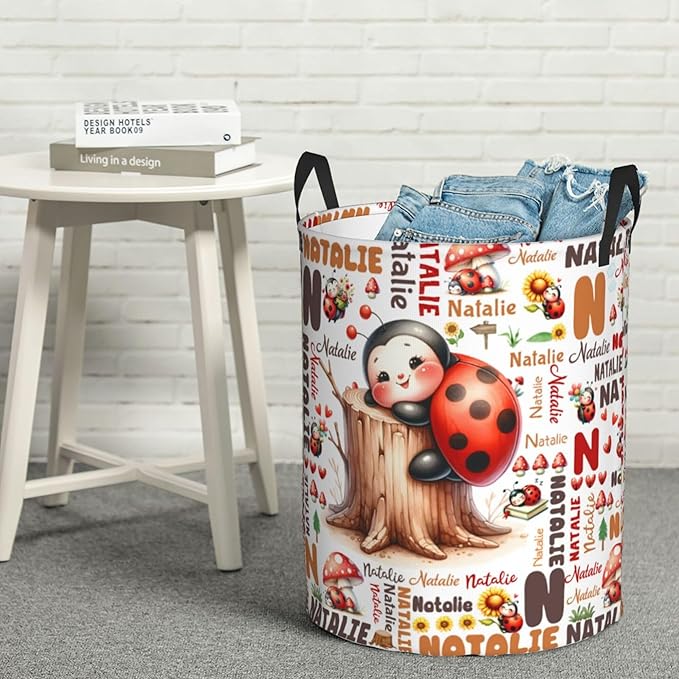 Personalized Ladybug Mushroom Laundry Basket For Baby Kids Boys Girls Adult Custom Hamper Basket With Name For Bathroom Bedrooms Collapsible Baby, Dirty Clothes Hamper With Handles