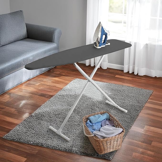 Homz T-Leg Clothes Ironing Board, Portable Compact Foldable Standard Size Adjustable Height with Foam Pad & Cotton Cover, Charcoal Gray