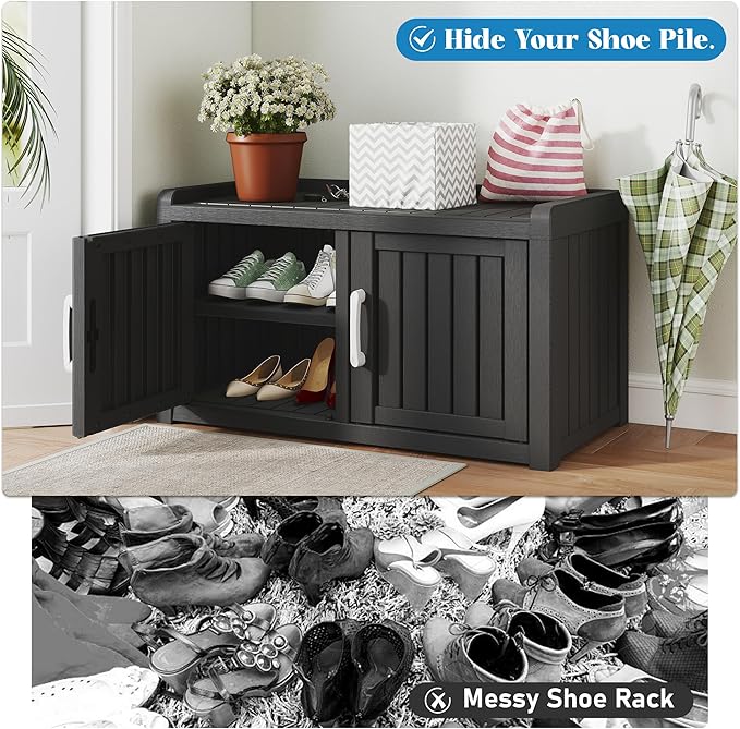 KAMABOKO Outdoor Shoe Storage Cabinet, Waterproof UV-Resistant Entryway Storage Bench Indoor Outdoor with 2 Barn Doors, Adjustable Shelves for Entryway, Bedroom, Hallway,Living Room(Black)