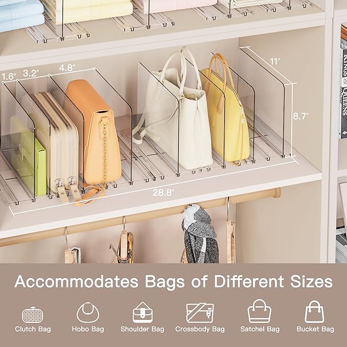 Criusia Adjustable Closet Purse Organizer Rack – 28.8" Extra-Long Shelf Divider with 6 Base Panels & 8 Dividers – Non-Slip Handbag Holder for Bags, Clothes, Kitchen, Office (Pack of 2)