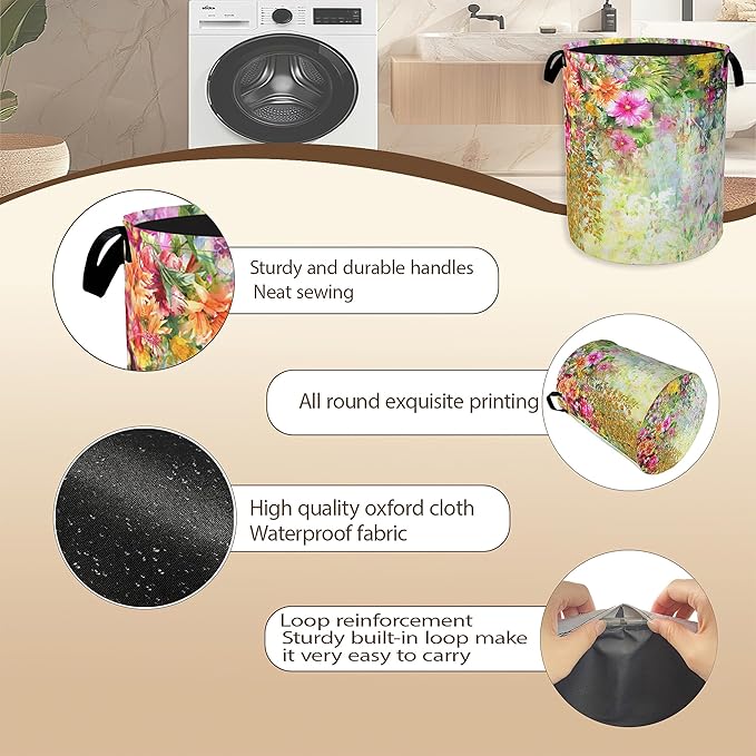 Laundry Hamper,Spring Flowers Laundry Basket,Colorful Floral Portable Collapsible Laundry Room Organization Storage for Dorm Room,Nursery,Bathroom,Bedroom,16x20 Inch