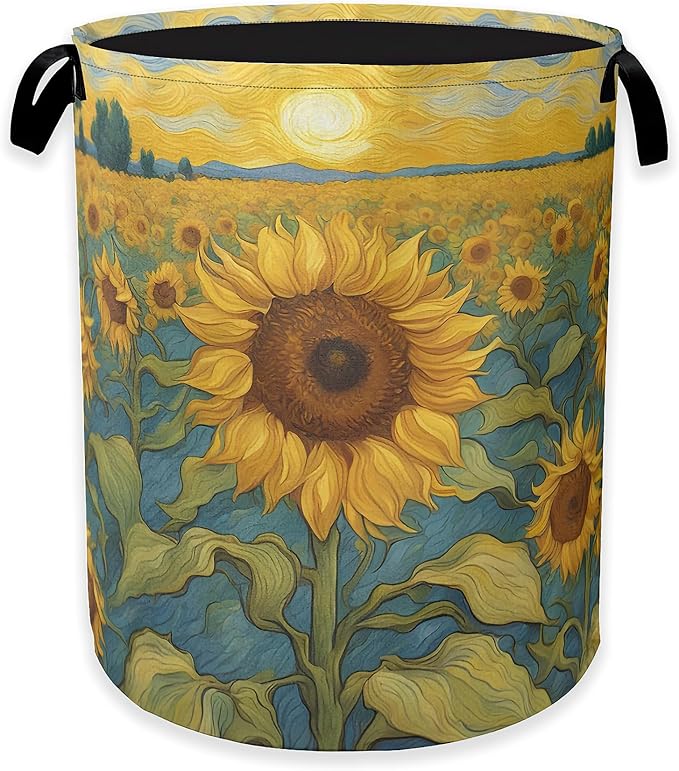 Retro Sunflower Field Laundry Basket,Rustic Farmhouse Clothes Hamper,Oxford Cloth Collapsible Nursery Hamper Storage Organization for Bedroom,Bathroom,Office,College Dorms,16x20 Inch
