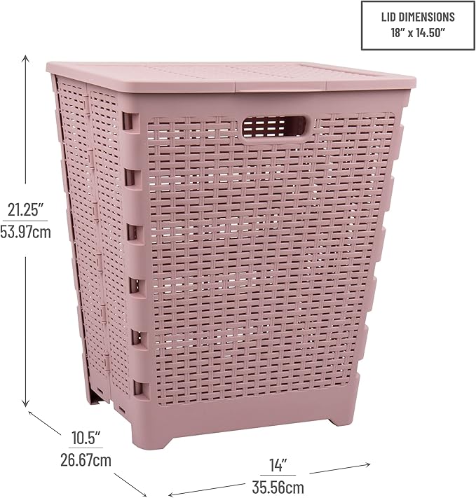 Mind Reader 61L Foldable Laundry Hamper, Clothes Basket, Lid, Wicker Design, Plastic, 18"L x 14.5"W x 21.25"H, Pink