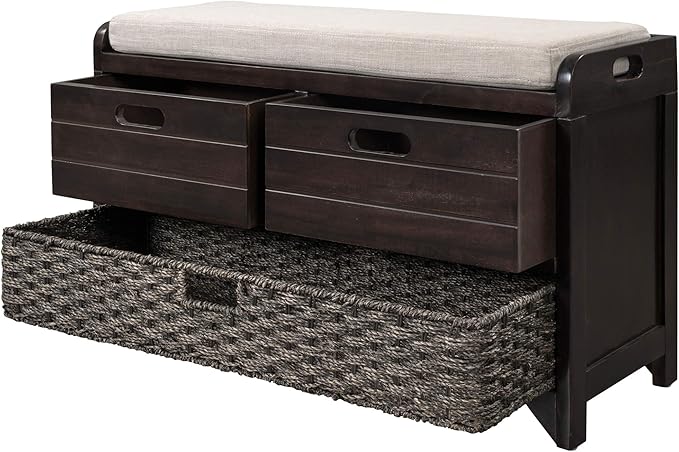 SOFTSEA Storage Bench Upholstered Storage Ottoman with Removable Basket and 2 Drawers, Farmhouse Shoe Bench with Seat Cushion, Full Assembled, Espresso