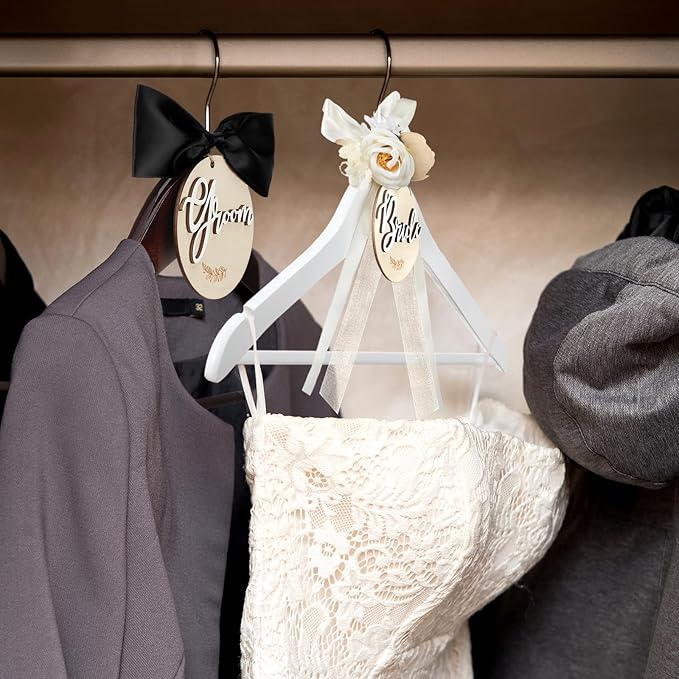 2 Pack Bride and Groom Wedding Hanger Set with Ribbon Bow Wooden Dress Suit Hanger Gift for Wedding Bridal Party Photo Decor(Brown, White,Flower)