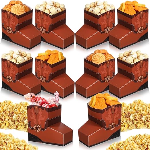 24 Pcs Cowboy Boots Paper Boxes Western Theme Party Decorations Favors Wild West Popcorn Boxes Boot Shape Bag for Cowboy Birthday Bachelorette Baby Shower Party Supplies(Brown)