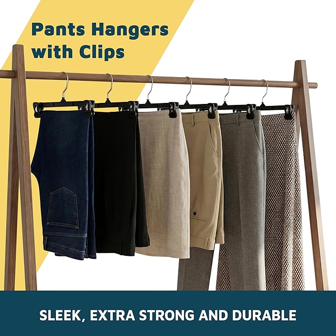 Lifemaster Pants Hangers with Clips Pack of 50, 12-Inch Heavy-Duty Clothes Hangers with Non-Slip Ridged Grip Clips & 360° Swivel Hook, Space-Saving Closet Organizer for Pants, Skirts & Shorts, Black