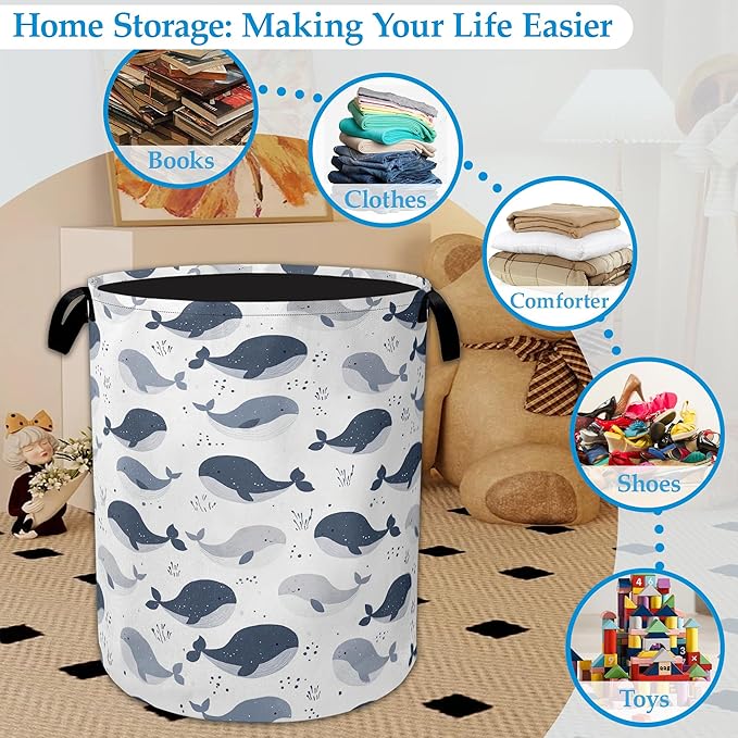 Cartoon Whale Laundry Basket Collapsible Laundry Hamper with Handle, Oxford Clothes Toy Storage Bin for Bathroom Bedroom Room Decor, Gift Basket 16" X 20.8"