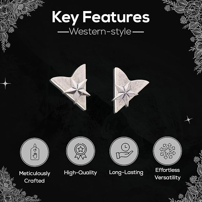Antique Silver Finish Western Collar Tips | Star Design | Collar Shirt Tips Attaching Screws for Men & Women | Pair of 1