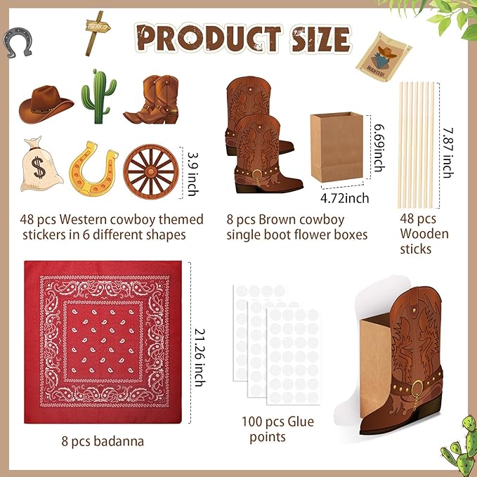 8 Sets 129 Pcs Cowboy Western Party Centerpieces - Brown Paper & Wooden Stick Cutouts with Cowboy Boots Shaped Boxes for Western Party Decor
