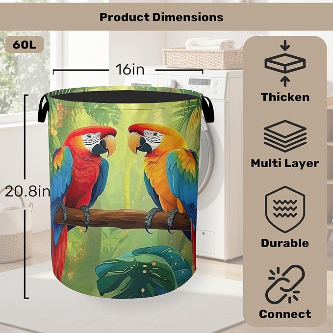 Tropical Parrot Foldable Laundry Hamper - Waterproof Fabric Storage Basket with Handles, Clothes Hampers for Laundry,Bedroom,Dorm