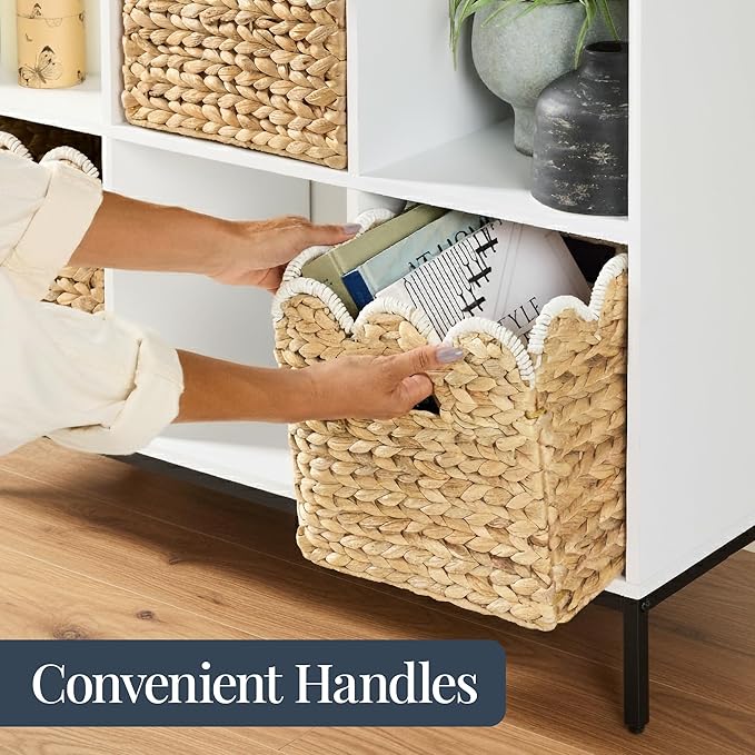Best Choice Products 13 x 13in Scalloped Hyacinth Baskets, Rustic Set Of 5 Multipurpose Collapsible Storage Organizer, Handwoven Laundry Totes for Bedroom, Living Room, Shelves - Natural w/White Trim