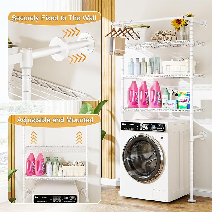 U17 Wall-Mounted Over The Washer Dryer Shelves Without Moving Machines, Laundry Room Rack with Adjustable Shelves and Hanger Rod, 35" W x 22" D x 86.2" H, Holds 352 lbs, White