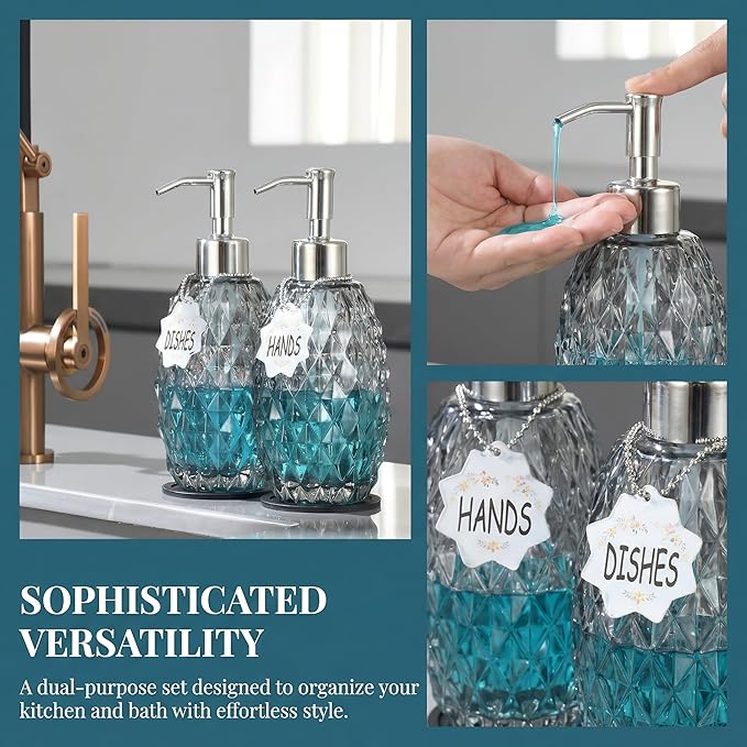 MALACHI Soap Dispenser Set, Crystal-Textured Diamond Glass with Rustproof Stainless Steel Pump, Dual-Labelled Hand & Dish Soap Dispenser for Kitchen & Bathroom