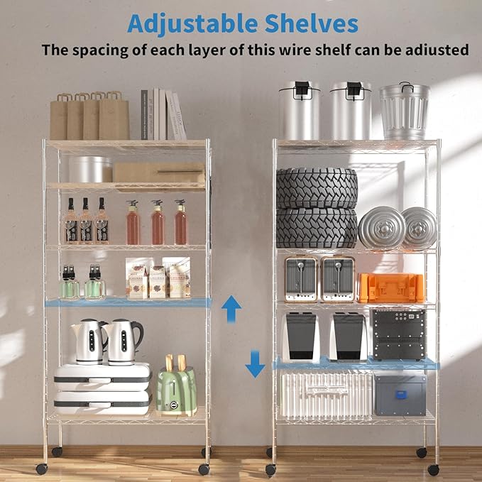 YRLLENSDAN 5-Tier Heavy Duty Storage Shelving Unit, Metal Shelves for Garage, Pantry, Kitchen Organization – Adjustable Wire Rack Shelf Organizer, 60"x30"x14", 1250lbs, Chrome