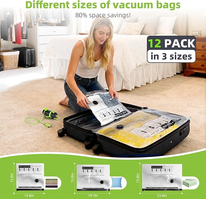 Vacuum Bags for Travel - USB Electric Pump, 12 Pack Carry-on Size Vacuum Seal Bags for Clothing - Space Saver Vacuum Storage Bags for Luggage, Travel Essentials.