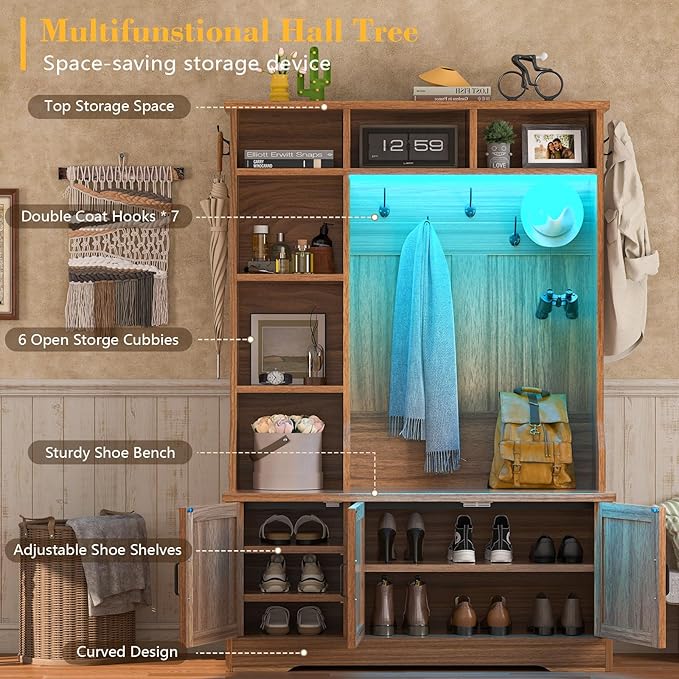 Hall Tree with Bench and Shoe Storage, Farmhouse Entryway Bench with Coat Racks and Led Lights, Tall Hall Tree with 7 Coat Hooks, 6 Storage Cubbies, Adjustable Shelf