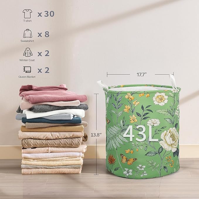 Sage Green Floral Laundry Basket With Handles Girls Butterfly Oxford Laundry Hamper Flower Plant Clothes Storage Bucket Organizer For Bathroom/Laundry/Bedroom (Floral, 43L)