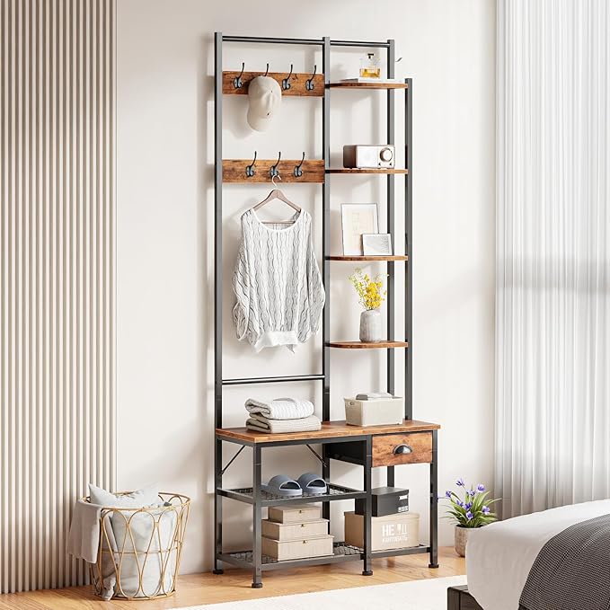 Furologee Coat Rack, Hall Tree with Bench and Shoe Rack, 4 in 1 Entryway Bench, Entryway Shoe Storage with 4 Shelves, 8 Hooks, 1 Fabric Drawer, Rustic Brown