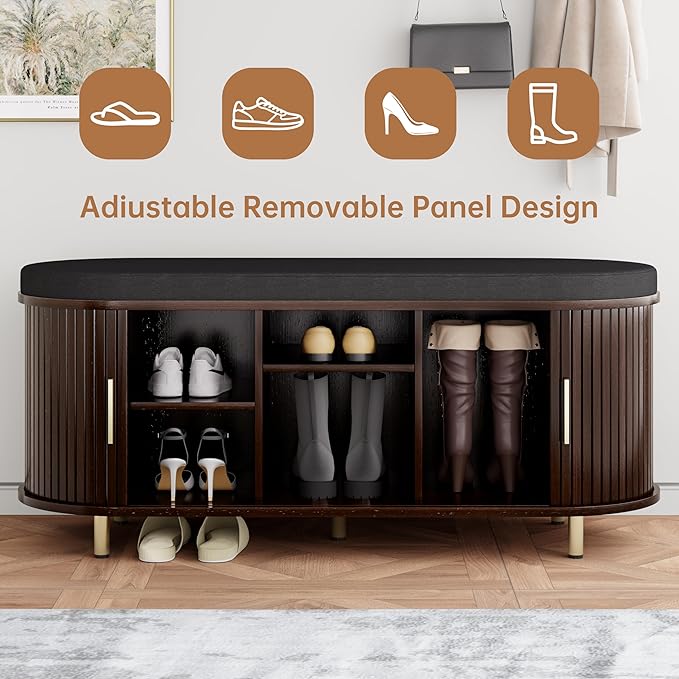 DHH 2-Tier Storage Bench, 43.3" Wide Shoe Bench with Thickened Padded Seat Cushion, Mid Century Modern Fluted Sliding Door and Adjustable Shelf, for Entryway, Living Room, Bedroom(Dark Walnut)