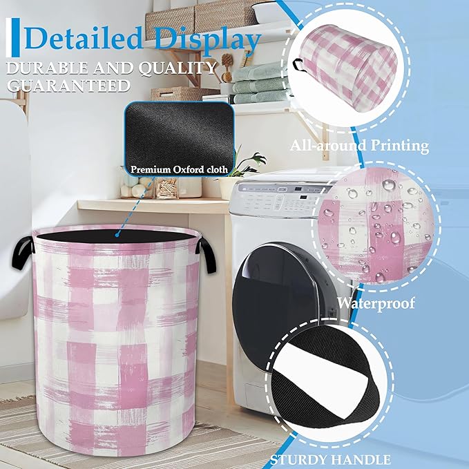 Pink Plaid Laundry Basket Collapsible Laundry Hamper with Handle, Oxford Clothes Toy Storage Bin for Bathroom Bedroom Room Decor, Gift Basket 16" X 20.8"