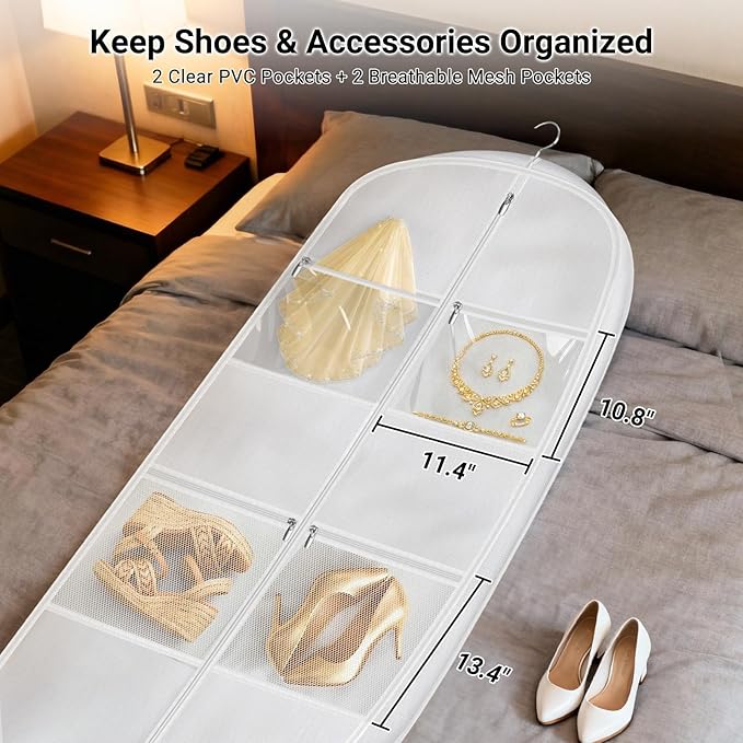 MISSLO 2-in-1 Wedding Dress Garment Bag 70" Dress Bags for Gowns Long with 5 Bride Accessories Pockets & Adjustable Handles Trifold Dresses Cover for Travel and Closet Storage, White