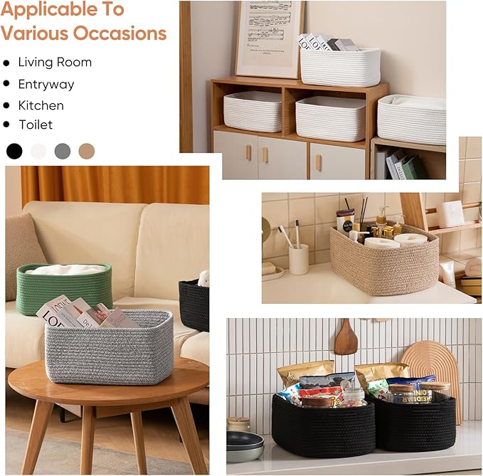OIAHOMY 4 Pack 14.17 * 11.02 * 6.3IN Storage Baskets for Organizing Shelves, Woven Rope Baskets for Organizing Books, Clothes, Decorative Basket for Living Room, Nursery, Bedroom, Gift Basket, White