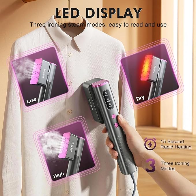 Travel Steamer for Clothes,100V-240V Portable Iron,15s Fast Heat Up,Handheld Steamer & Iron 2 in 1,LED Display, 150ml Large Water Tank, Travel Size Perfect for Global ＆ Europe