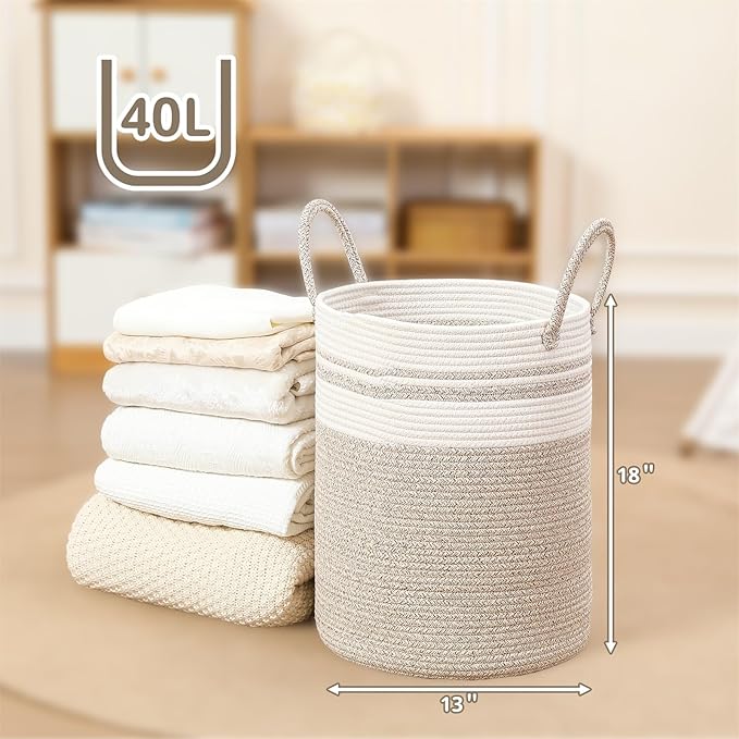 40L Woven Laundry Basket Hamper, 100% Natural Cotton Rope, Handwoven & Durable, Storage for Blankets, Toys, Clothes, Decorative Nursery Hamper for Living Room, Baby Room, Bedroom (Brown with White)