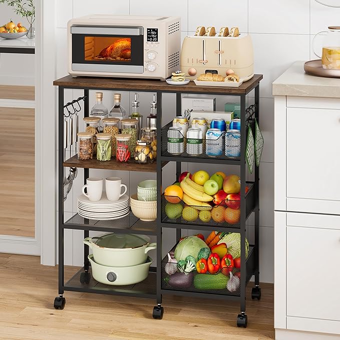 HapiRm Rolling Kitchen Carts with Storage - Microwave Table Stand with 6 Hooks & 3 Baskets, kitchen Island Cart on Lockable Wheels, 28.3" L × 14.6" W Bakers Rack Cart for Dining Room Coffee Bar Office