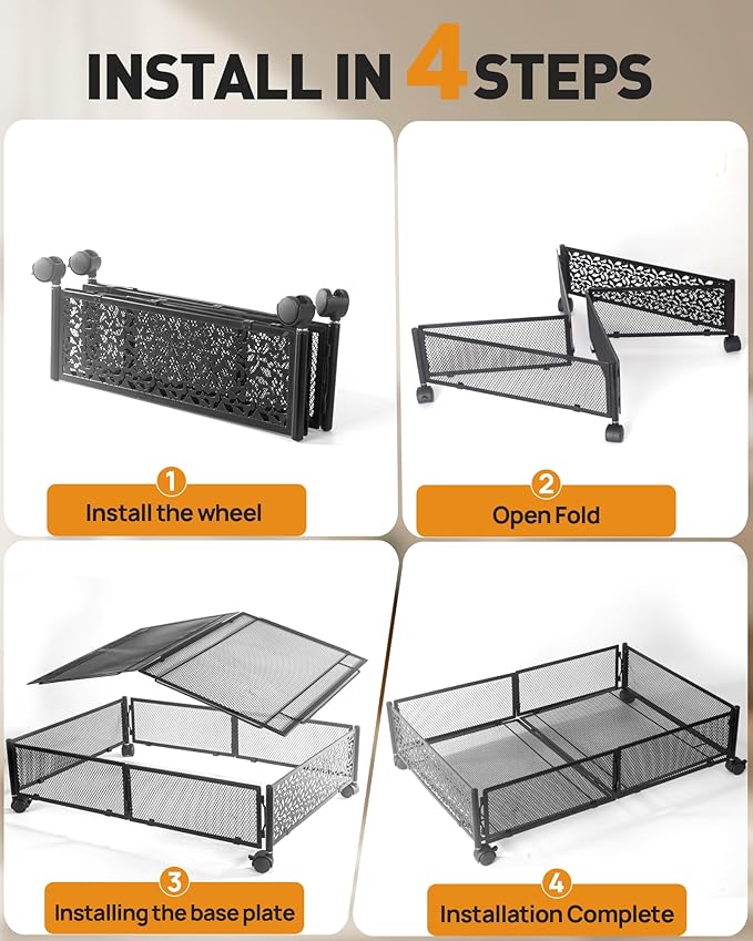 Under Bed Storage With Wheels, 2 Pack Foldable Pattern Carved Metal Under Bed Storage Containers, 60L Rolling Underbed Storage, Easy Assembly Under The Bed Storage for Shoes, Clothes, Blankets...