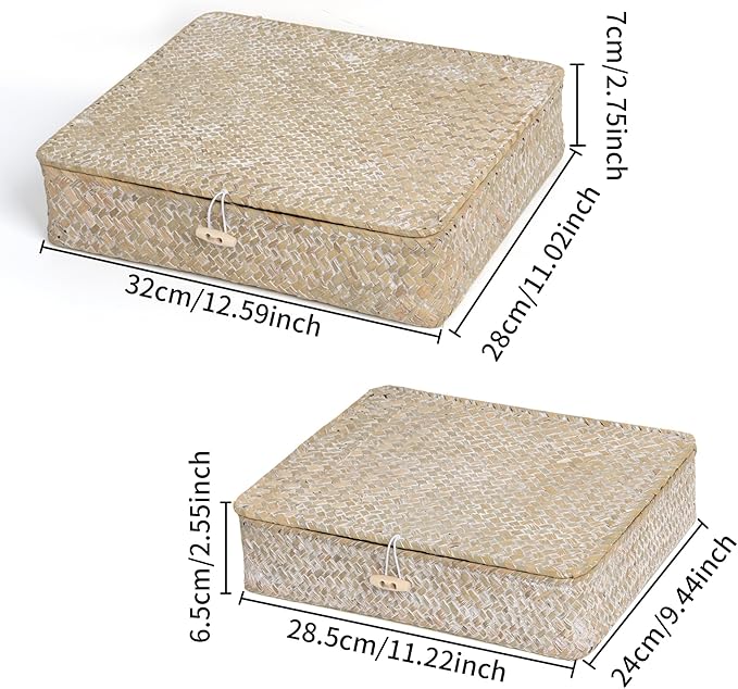 Flat Wicker Shelf Baskets with Lid, Seagrass Woven Basket Boxes for Storage Basket Bins Multipurpose Home Decor Organizer (Whitewash Set of 2)