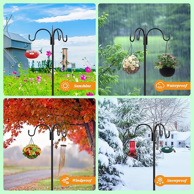 FEED GARDEN [Upgrade Version 92 Inch Three Shepherd Hooks for Outdoor,Bird Feeder Pole with 5 Prong Base, Adjustable Shepard Hooks for Hanging Plant, Solar Lanterns, Wind Chimes, 2 Pack