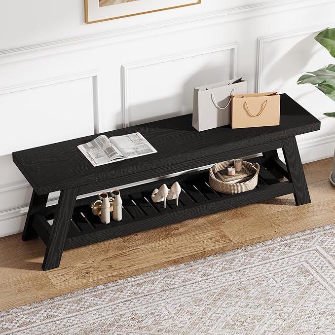 Tribesigns Wood Black 2-Tier Entryway Bench with Shoe Storage, 55" Large Narrow Hallway Foyer Seating Bench with Open Shelves for Entryway, Bedroom, Mudroom