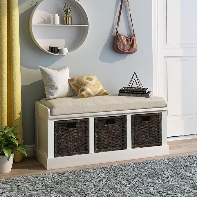 Merax Rustic Shoe Storage Bench with 3 Removable Rattan Basket Entryway Bench with Seat Cushion Multipurpose White
