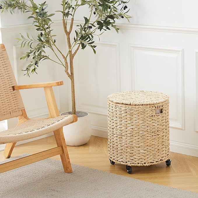 Wimarsbon Vintage Storage Basket, Multipurpose Rolling Hamper With Brakable Wheels and Lid, Braid Laundry Bin, Handwave Clothes Toy Organizer Tote for Living Room