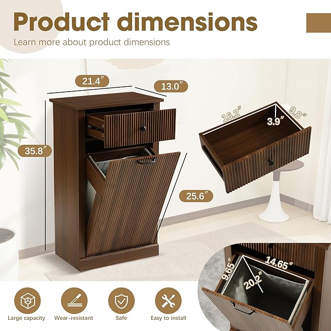 Grepatio Tilt Out Laundry Hamper, Fluted Laundry Hamper Cabinet, 11 Gallon Hidden Trash Can, Wooden Garbage Can Cabinet with Drawer, Free Standing for Bathroom, Kitchen (Brown, Single)