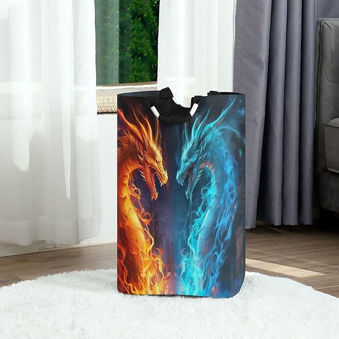 xigua Fire and Ice Dragon Large Laundry Hamper with Handle, Foldable Clothes Hamper Collapsible Storage Basket for Toys and Clothes Organization in Bedroom, Bathroom, and Laundry Room