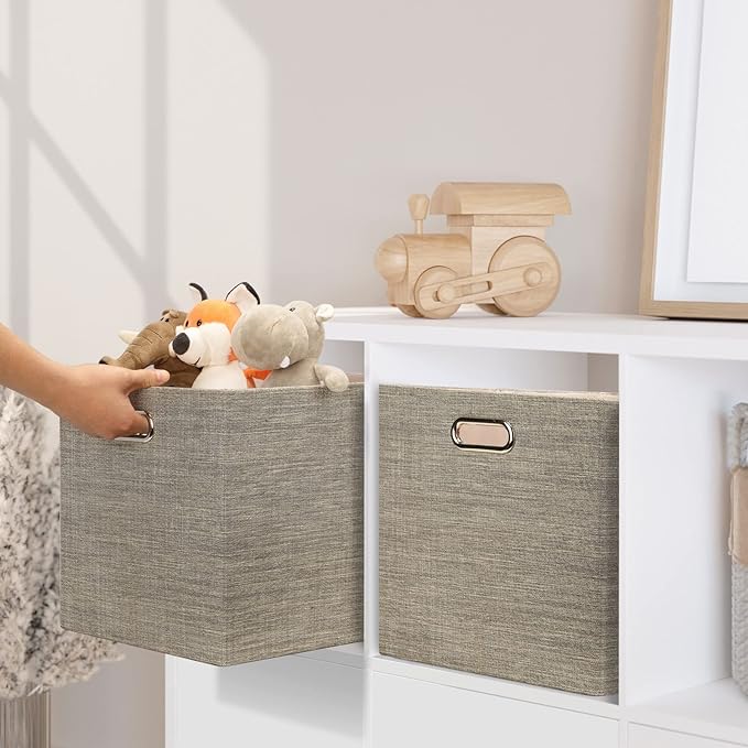 Posprica 13x15x13 Storage Cube Bins, Foldable Collapsible Storage Bins Boxes, Fabric Decorative Storage Baskets Organizer for IKEA Kallax, Shelves, Closet, Clothes, Toy, Set of 4-Coffee